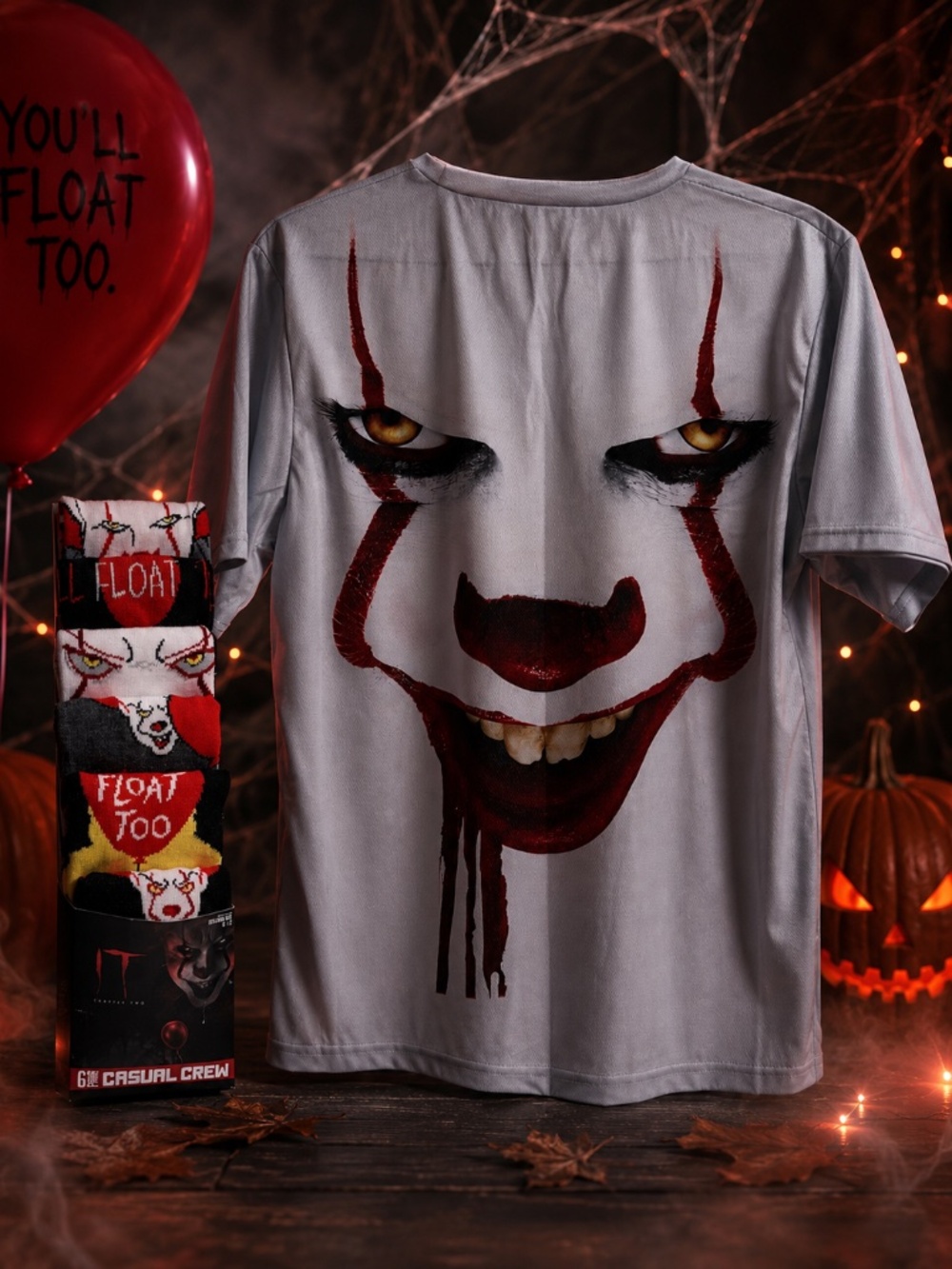 Bundle Pennywise Face 2  Sided Face Shirt IT Chapter 2 Unisex Sz L and 5 pk sock